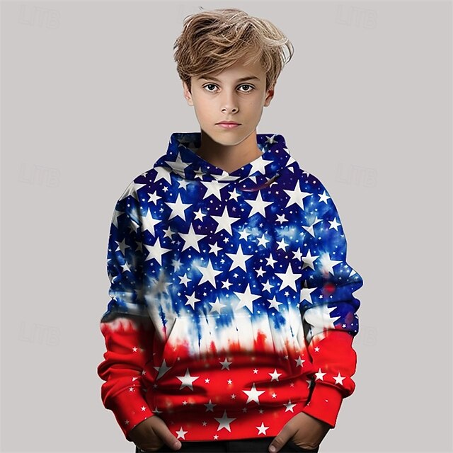 American Independence Day Boys' 3D Flag Hoodie Long Sleeve Spring Fall Fashion Streetwear Kids 4-12 Years Hooded Outdoor Casual Daily Regular Fit4