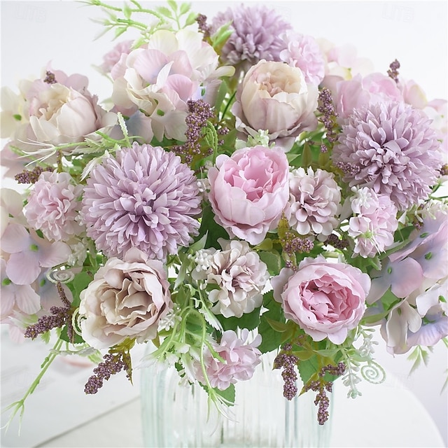  1 maço de flores artificiais de seda, buquê pequeno com várias cabeças bifurcadas, arranjo de flores secas artificiais para decoração de vaso de mesa em casa
