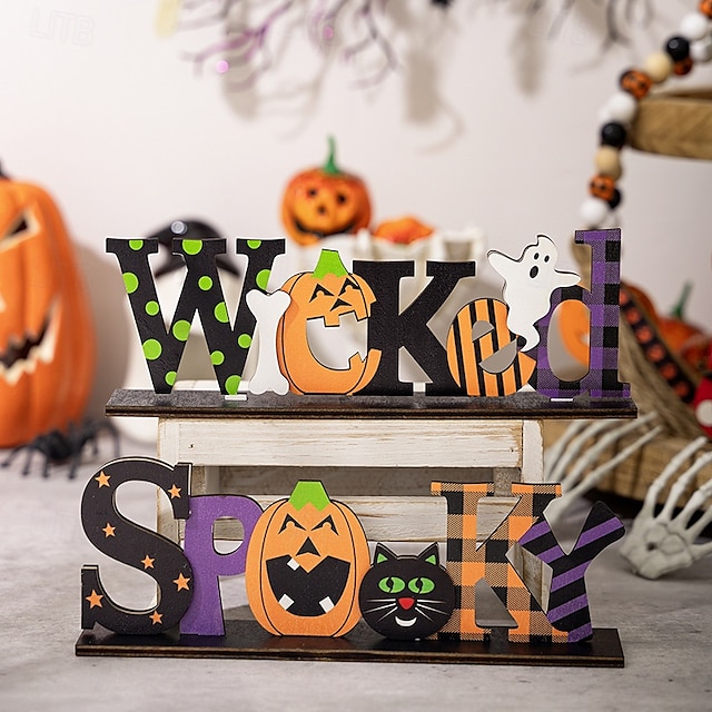  dekoracja na halloween z drewnianym środkiem, upiorny drewniany stojak na litery do ekspozycji na stole halloweenowym, dekoracja na imprezę w nawiedzonym domu DIY
