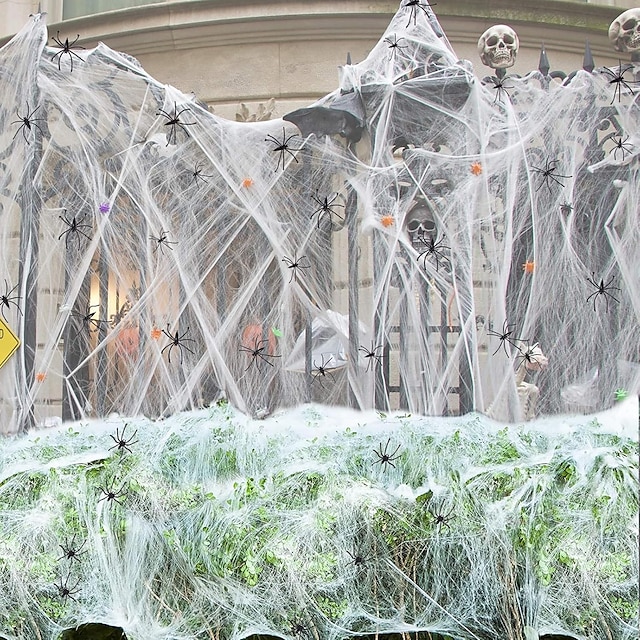  dekorace z halloweenských pavučin s extra falešnými pavouky, super elastické pavučiny pro halloweenskou výzdobu uvnitř i venku
