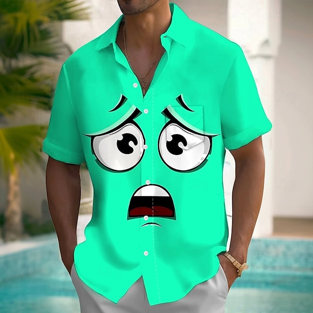  Miesten Piirretty Hauska Ihmisen kasvot Paita Kesä paita Button Up paita Lyhythihainen Muoti rento Loma Juhla Pyhäpäivä Kesä Kevät Sänkyjen avaus 3D-tulostus kauluspaidat Edessä yksi tasku Apila