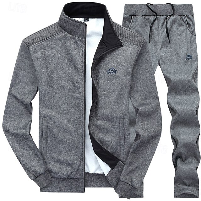  Homens Moletom Suéter Moletom com zíper completo Preto Azul Cinzento Escuro Cinzento Colarinho Clerical Tecido 2 Peças Desportos e Ar livre Diário Feriado Poliéster Roupa de rua Básico Casual Inverno
