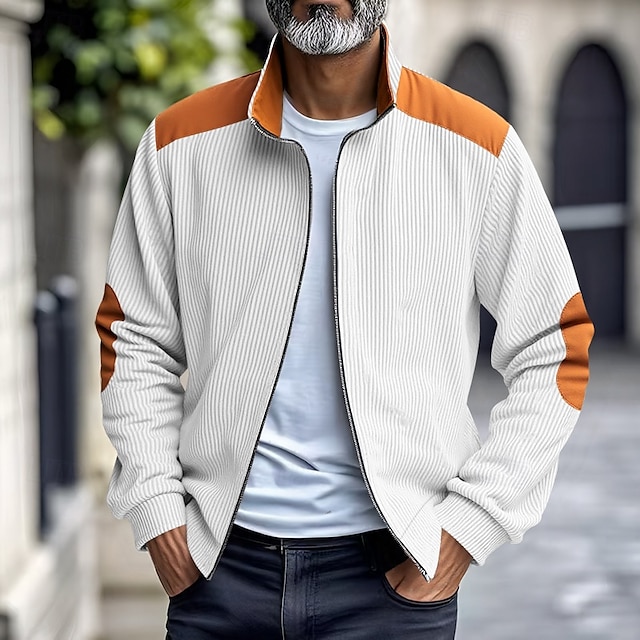  Men's Lightweight Jacket Corduroy Jacket Casual Jacket Vacation Daily Pocket Spring Fall Color Block Fashion Classic Stand Collar Regular Apricot Black White Yellow Wine Jacket