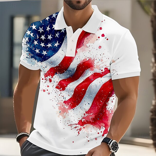 American Independence Day Men's American US Flag Polo Short Sleeve Polo Shirts Lapel Casual Athleisure Festival Outfit Buttons 3D Print Summer Blue4