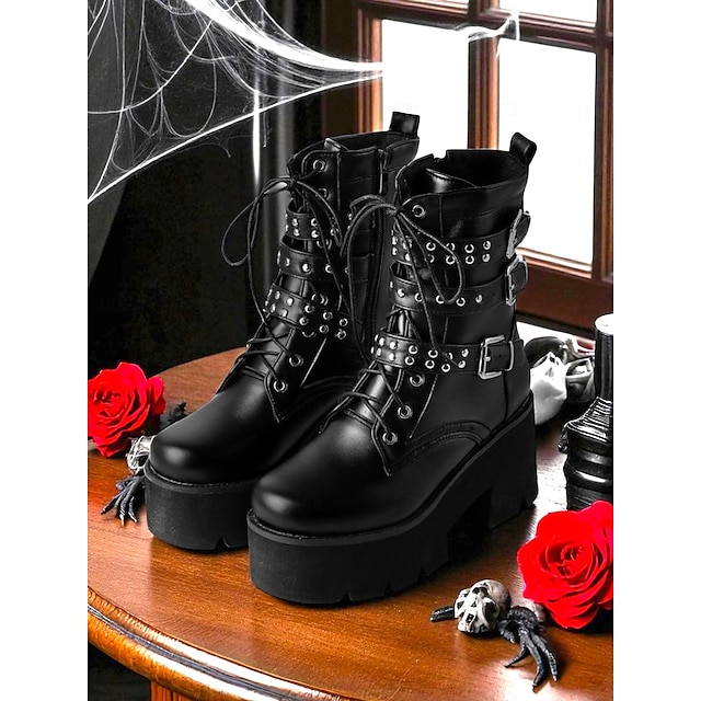  Botas de combate femininas estilo gótico plataforma Y2K - Botas pretas de cano curto com cadarço inspiradas nos anos 80, com tiras cravejadas e saltos grossos para cosplay, Halloween e streetwear punk