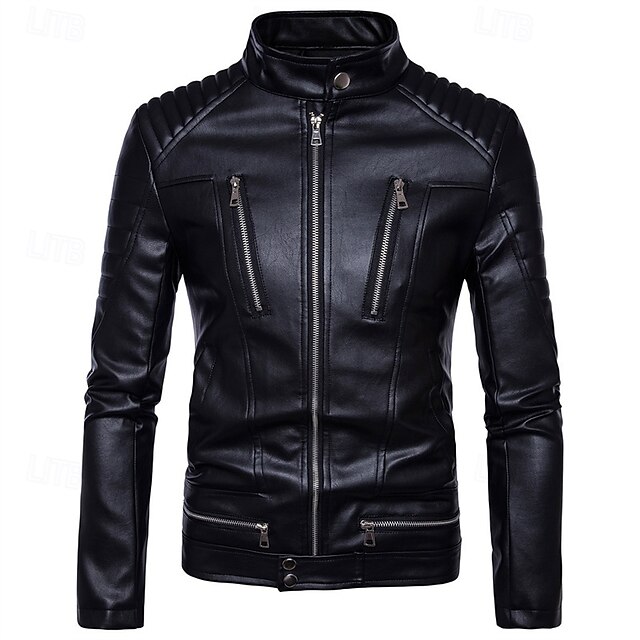 Herren Kunstlederjacke Bikerjacke Motorradjacke Urlaub Täglich Winddicht Warm Tasche Winter Einfach Mode Klassisch Stehkragen Regulär Schwarz Jacken