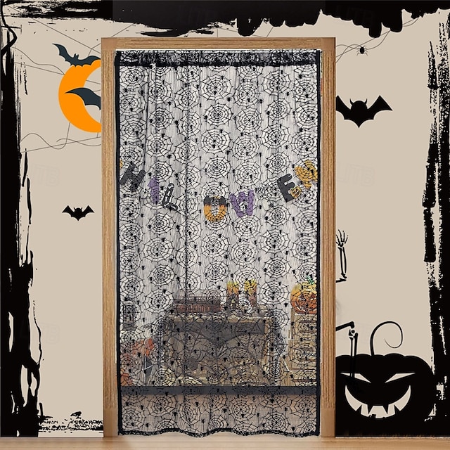  Halloween deurbekleding voordeur gordijn decoratie, Halloween bezemsteel vleermuizen vliegen gekarteld onderkant display