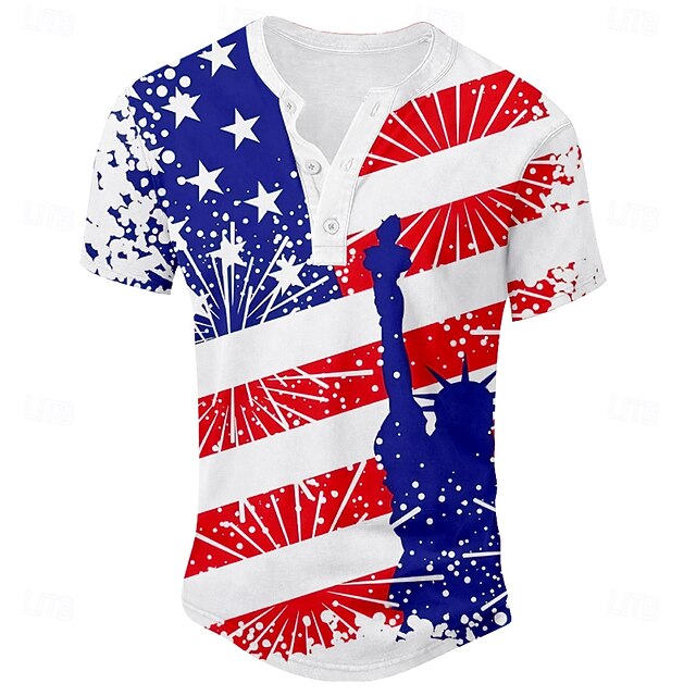 American Independence Day Men's Statue Of Liberty Henley Shirt T shirt Tee Tee Top Short Sleeve T shirt 3D Print Henley Shirt Fashion Daily Basic Street Casual Daily White Summer Spring Clothing4