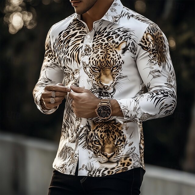 Men's Animal Tiger Shirt Button Up Shirt Casual Dress Shirt Long Sleeve Fashion Casual Vacation Daily Streetwear Summer Spring Turndown 3D Print Collared Shirts White4