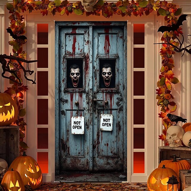  Halloween deurbekleding voordeur gordijn decoratie, Halloween bezemsteel vleermuizen vliegen gekarteld onderkant display