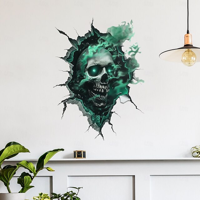  Halloweenská samolepka na zeď 3D lebka realistický děsivý průlomový design lebky, samolepicí bytová dekorace do obývacího pokoje sváteční atmosféra