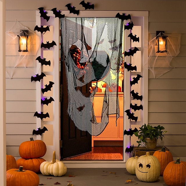  Halloween Door Cover Front Door Curtain Decoration, Halloween Broomstick Bats Flying Jagged Bottom Display