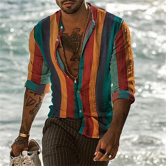  Per uomo Camicia Camicia Estiva Camicia casual Camicia da Spiaggia Camicia con Bottoni Verde chiaro Rosa Rosso Viola Verde Manica Lunga A righe Bavero Vacanza Camicia hawaiana Abbigliamento Poliestere