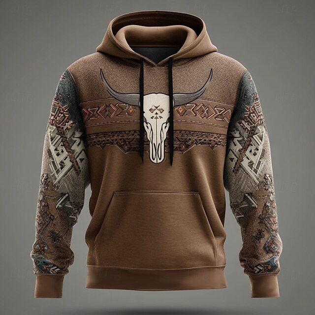  Homens Cowboy Moletons Moletom Moletom Moletom com capuz Gola Redonda Étnico Impressão 3D Feriado Viagem Streetwear Azul Marron Com Cordão 3D Outono Inverno Designer