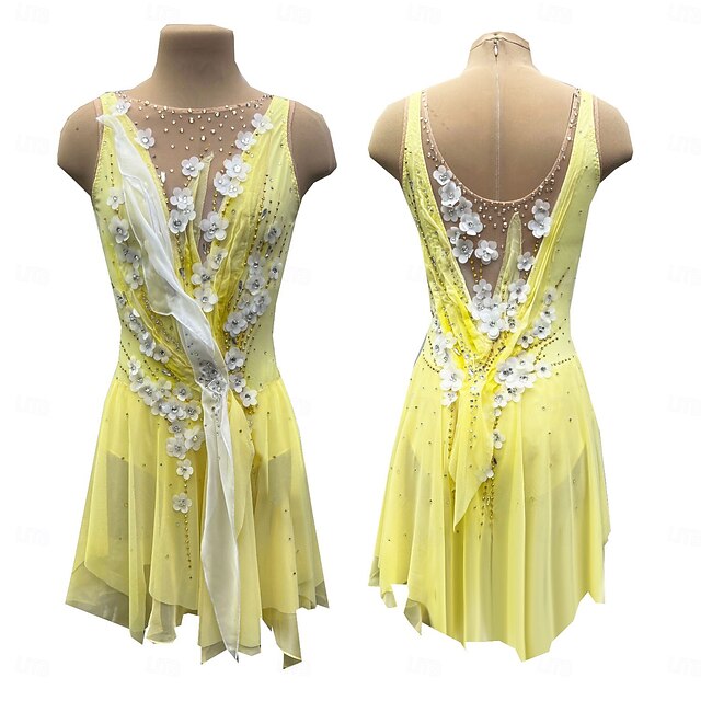 Figure Skating Dress Women's Girls' Ice Skating Dress Light Yellow Thumbhole Halo Dyeing High Elasticity Professional Competition Skating Wear Thermal Warm Crystal / Rhinestone Sleeveless Ice Skating4