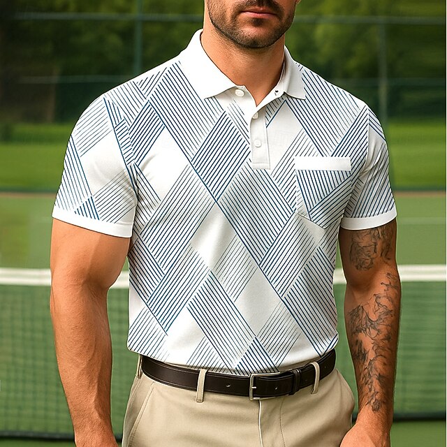  Homens Geométrico Linha Pólo Manga Curta Aberto para a Lateral Escritório Casual / Diário Botões Bolsos Verão Violeta Rubi Vermelho Branco