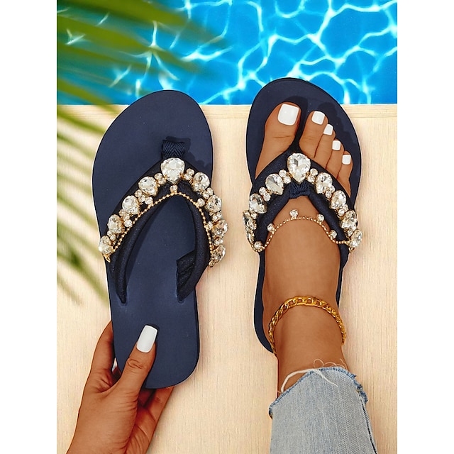  Schwarze Flip-Flop-Sandalen mit Strasssteinen und bunten Kristallverzierungen für Damen – glamouröse Strandsandalen für Poolpartys, Urlaube und Sommeroutfits