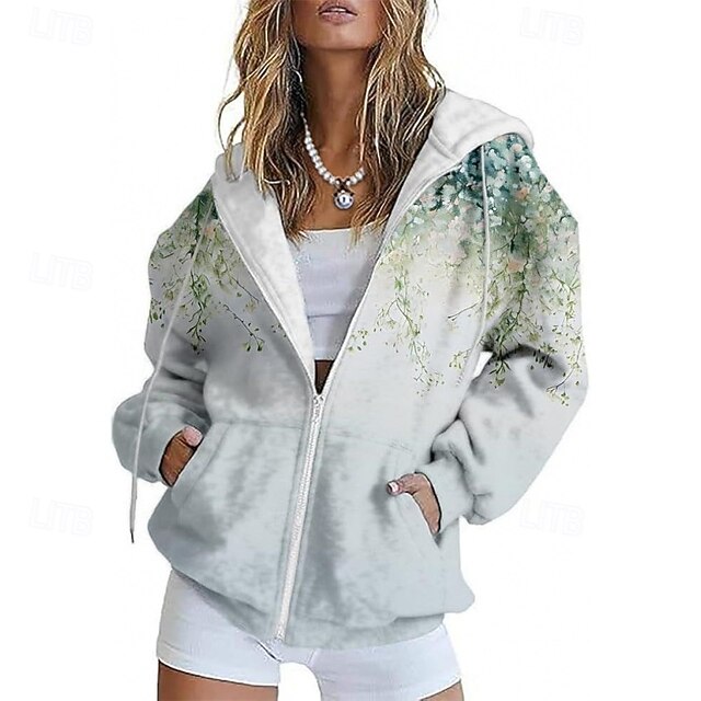Women's Casual Jacket Comfortable Pocket Print Sports Fashion Outdoor Flower Casual Daily Weekend Zipper Regular Hooded Regular Fit Long Sleeve Outerwear Light Green Navy Blue Khaki Spring Fall4