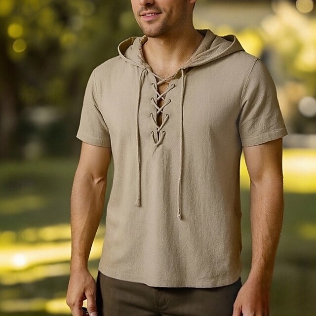  t-shirt vichinga medievale in cotone a maniche corte con cappuccio camicie da uomo in stile retrò con lacci hippie abbinati al costume larp