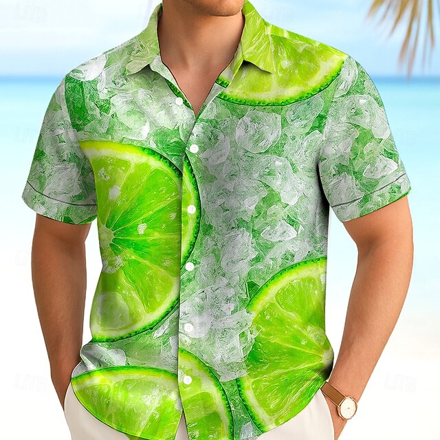 Men's Fruit Lemon Summer Hawaiian Shirt Button Up Shirt Aloha Shirt Short Sleeve Hawaiian Vacation Beach Wear Summer Spring Turndown 3D Print Collared Shirts Green4