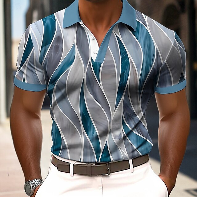 Men's Abstract Geometic Polo Short Sleeve Polo Shirts Lapel Business Casual Athleisure Buttons Summer Spring Fall Blue4