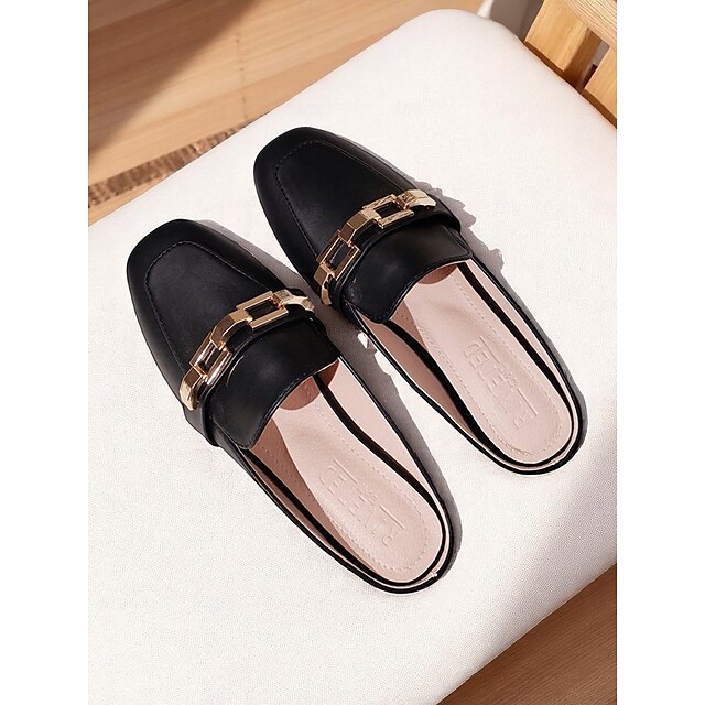  Svarta damloafers med guldfärgad kedjedetalj, slip-on platta kontorsskor utan rygg för arbete, daglig pendling och business casual