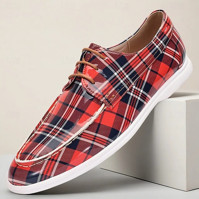  Men’s Red Plaid Slip-On Shoes – Classic Checkered Design with Comfortable Fit, Ideal for Casual, Smart Casual and Everyday Wear