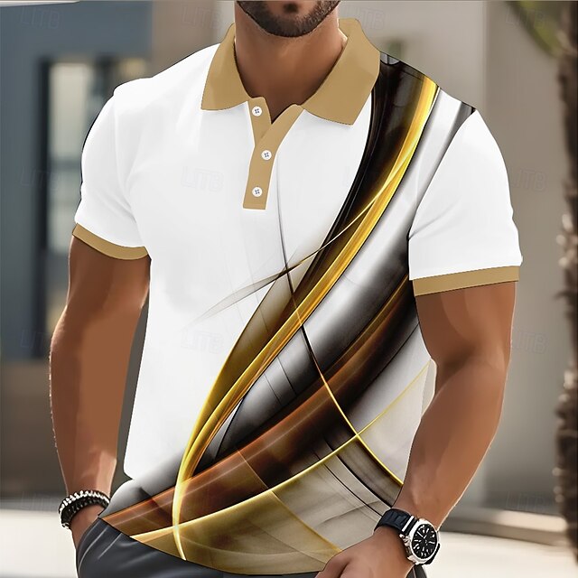 Men's Abstract Line Polo Short Sleeve Polo Shirts Collared Shirts Business Casual Athleisure Buttons Summer Yellow4