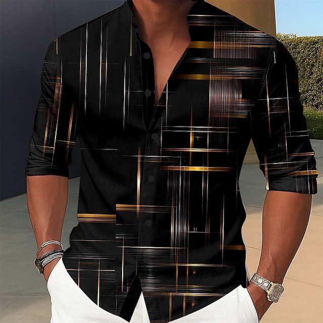  Herren Farbverlauf Linie Hemd Knopfhemd Stehkragenhemd Langarm Lässig Outdoor Urlaub Täglich Frühling Herbst Mandarinkragen Stehkragen 3D-Druck Leinenähnliches Hemd Rote Blau Purpur Gold Grün