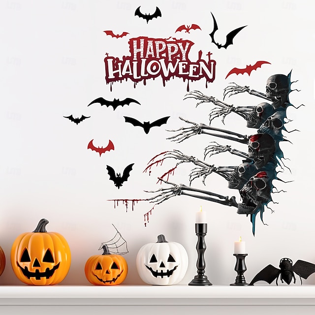  Adesivo da parete di Halloween con design spettrale di mani, teschi e pipistrelli, decorazione murale autoadesiva per soggiorno e feste di Natale