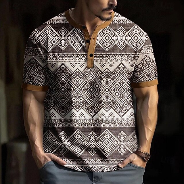 Men's Geometric Retro T Shirt Henley Shirt Short Sleeve Designer Retro Vintage Casual Street Casual Daily Summer Spring Khaki Henley Henley T-Shirt2