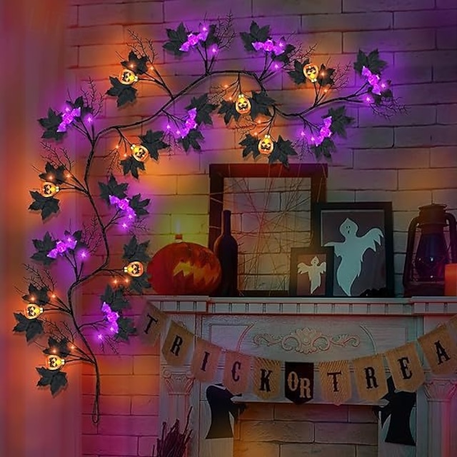  1.8M/6Ft 54 LED Beads Halloween String Lights Black Willow Lantern Pumpkin Bat Maple Leaf Wall Desktop Halloween Party Atmosphere Decorative Light AAA Waterproof Battery Box