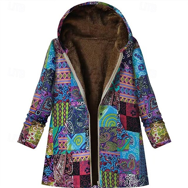 Women's Fleece Jacket Coat Hoodie Jacket Warm Comfortable Zipper Pocket Fashion Modern Casual Print Going out Weekend Zipper Regular Hooded Regular Fit Long Sleeve Outerwear Blue Winter4