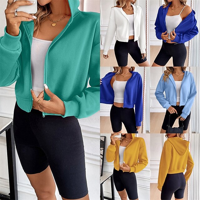  Mulheres Moletom com zíper Jaqueta com capuz Bolso Com Zíper Manga Longa Blusas Roupa Esportiva Outono Cor Sólida A Prova de Vento Roupa de esporte Roupas Esportivas Branco Amarelo Azul Real