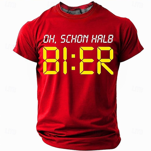  男性用ユーモラスグラフィックTシャツ - 'Oh Schon Halb BI:ER' デジタル時計ビールの言葉遊びTシャツ、ビール愛好家向け