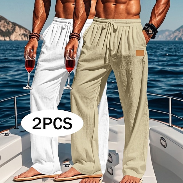  Homens Calças de linho Calças Calça verão Calças largas Calças de praia Com Cordão Cintura elástica Perna reta Tecido Conforto Respirável Comprimento total Ao ar livre Feriado Praia Férias Moda