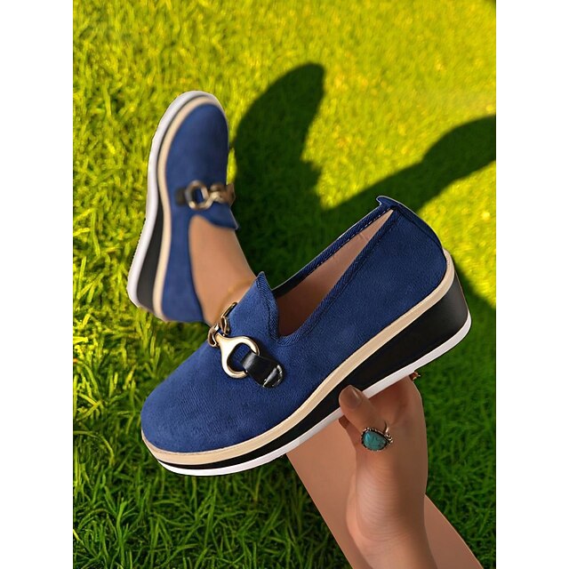  Mocassins compensés bleus pour femme avec boucle en métal – chaussures compensées élégantes à enfiler pour une tenue décontractée, le bureau et les voyages