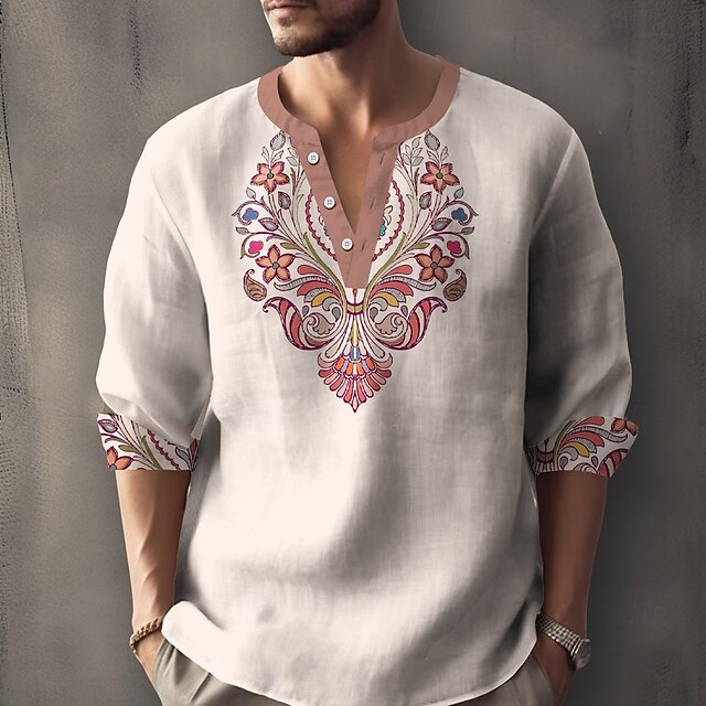 Men's Boho Ethnic Indian Culture Shirt Henley Shirt Tunic Shirts Long Sleeve Vintage Retro Outdoor Vacation Daily Summer Spring V Neck Button Up 3D Print Linen Like Shirt Apricot4