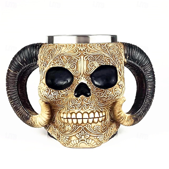  Caneca de caveira de Halloween, chifre de carneiro do diabo, caneca de cerveja criativa 3D de aço inoxidável, grande capacidade para bebidas de Halloween, perfeita para festas &colecionadores