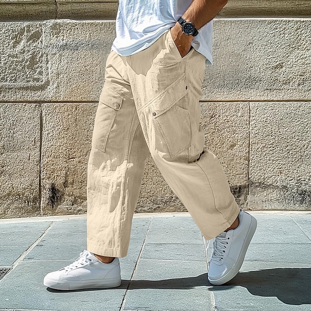  Homens Calças Cargo Calças de linho Calças Calça verão Calças largas Punho com Elástico Tecido Conforto Respirável Comprimento total Casual Diário Feriado Férias Moda Preto Branco