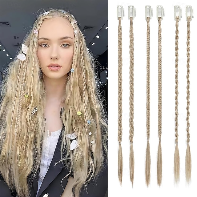  Lot de 6 extensions de cheveux tressés à clips pour femmes, postiches synthétiques tressés à clips de 14 pouces pour une soirée costumée quotidienne, blond moyen avec des reflets pâles