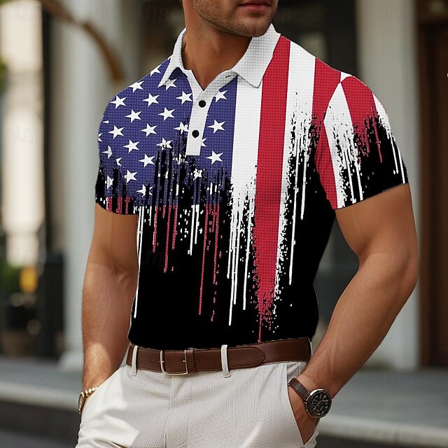 American Independence Day Men's American Flag Veterans Golf Shirt Short Sleeve Polo Shirts Collared Shirts Casual Streetwear Vacation Wear Party Outfits Buttons 3D Print Summer Spring Black4