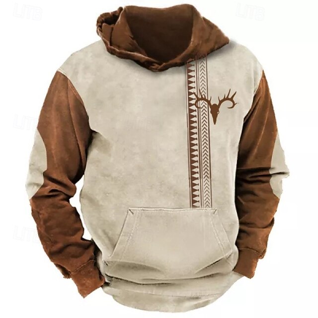 Men's Deer Hoodie Long Sleeve Sweatshirts Oktoberfest Vintage Retro Festival Autumn-Winter Collection Blue Brown Khaki Clothing Apparel Designer Graphic Print S M L Sizes Available4
