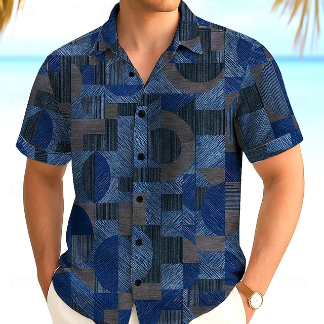  Herren Geometrisch Farbblock Kreis Hemd Sommerhemd Knopfhemd Kurzarm Modisch lässig Outdoor Urlaub Alltagskleidung Sommer Frühling Umlegekragen 3D-Druck Hemden mit Kragen Blau Braun