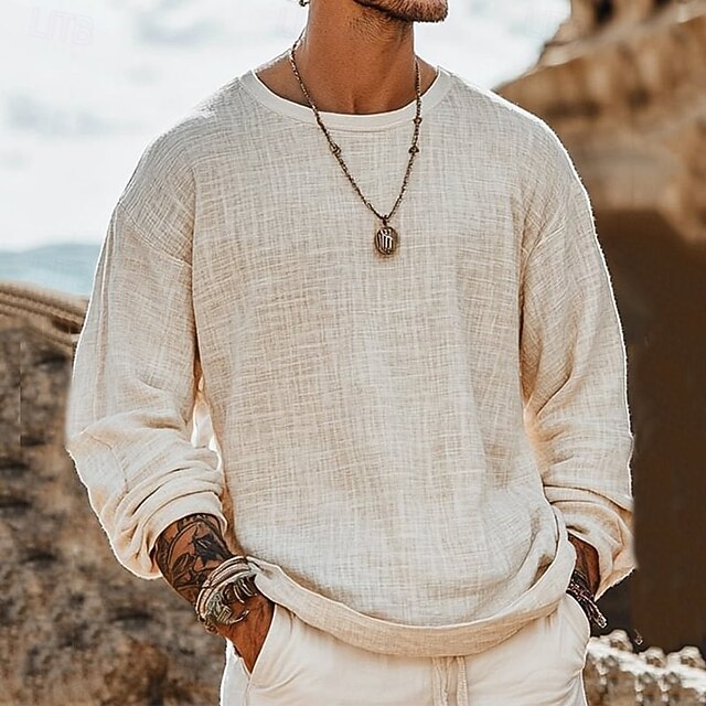 Men's T Shirt Tee Tee Top Long Sleeve Shirt Long Sleeve Crew Neck Summer Spring Solid Color Bohemia Vintage Casual Classic Vacation Street Casual Daily Apricot Top Tee for Men4