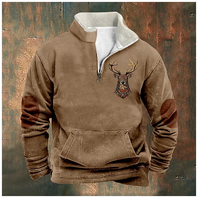 Men's Sweatshirt Quarter Zip Sweatshirt Black Brown Half Zip Color Block Reindeer Half Zip Print Sports & Outdoor Daily Holiday Polyester Vintage Streetwear Casual Fall & Winter Clothing Apparel3