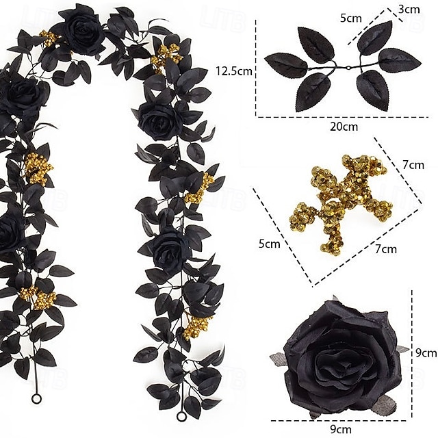  Guirlande de vigne de roses artificielles noires d'Halloween, guirlande de roses et de feuilles artificielles pour la décoration intérieure du festival des récoltes, décoration florale effrayante