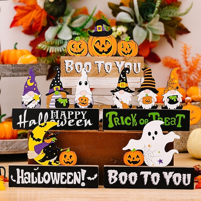  5 sztuk dekoracji stołu z drewna na Halloween, figurka dyniowego ducha krasnala do dekoracji imprezy Halloween i stworzenia upiornej atmosfery w domu
