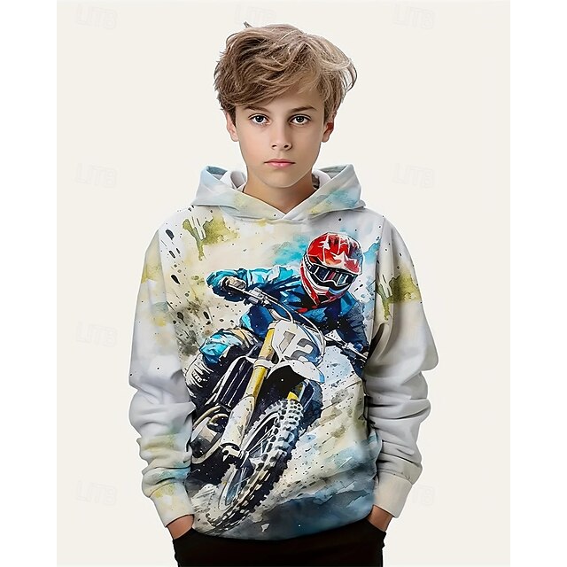 Boys' 3D Motorcycle Hoodie Long Sleeve Spring Fall Fashion Streetwear Kids 4-12 Years Hooded Outdoor Casual Daily Regular Fit4