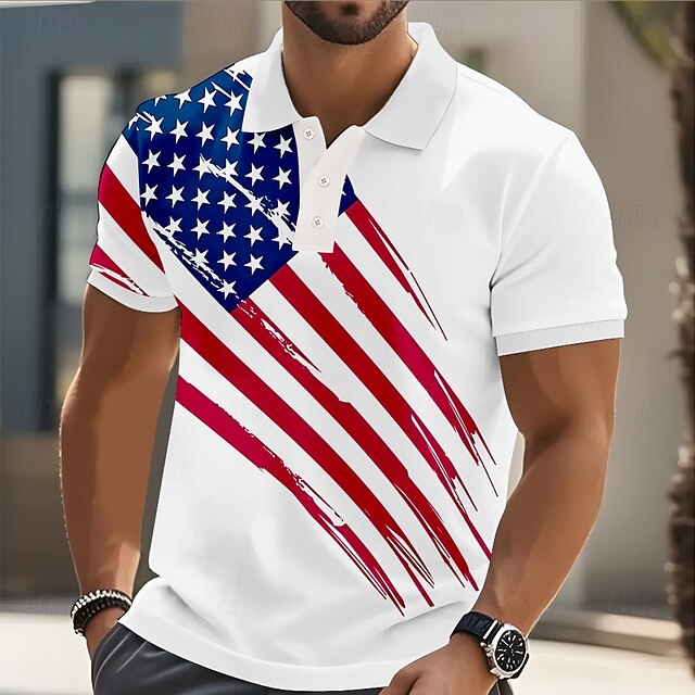 Men's American US Flag Polo Short Sleeve Polo Shirts Lapel Casual Athleisure Buttons 3D Print Summer Blue4
